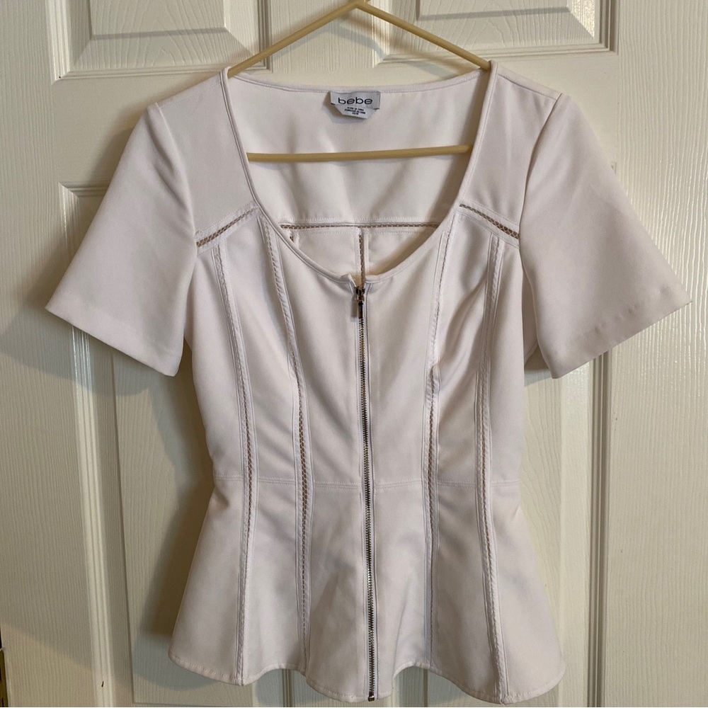 Bebe White Peplum Top Corset Zip Bustier Style XS